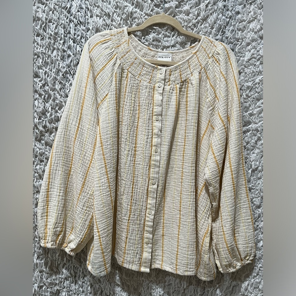 AVA & VIV Striped Button-Down Blouse in Cream and Yellow GAUZE, SIZE 2X
